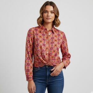 INC International Concepts Floral Twist-Front Button Down Blouse - Size M
